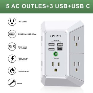 Wall Charger, Surge Protector, QINLIANF 5 Outlet Extender with 4 USB Ports - Image 7