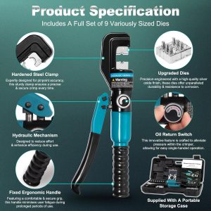 Brileine 10 Tons Hydraulic Crimping Tool with 9 Dies, 12 to 2/0 AWG - Image 9