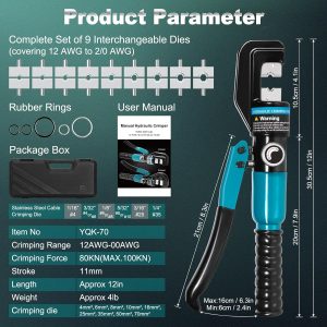 Brileine 10 Tons Hydraulic Crimping Tool with 9 Dies, 12 to 2/0 AWG - Image 4
